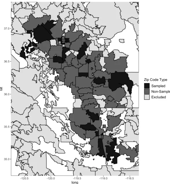 Figure 5 presents the 2010 zip code tabulation areas in the California Central Valley