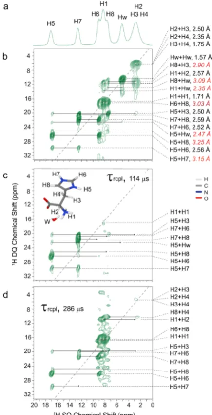 Figure 2.H proximities). The basecontour levels are at (b) 14%, (c) 25%, and (d) 30% of the maximum1(values in red italics are intermolecular Hdistances are presented together with the 1H DQ peak assignmentslong (DQ-SQ spectra recorded using (c) a short 