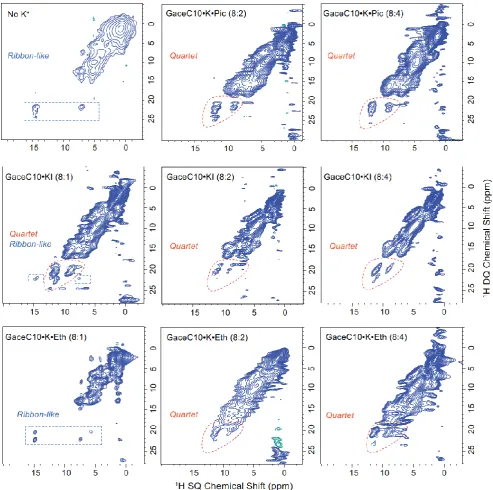 Figure 5.  Two-dimensional 1H (850 MHz, 75 kHz MAS) DQ-SQ correlation solid-state MAS NMR spectra of GaceC10 alone (top left) and GaceC10 complexes with K+ ions, recorded using 1 τr of BABA recoupling.[19] Top: GaceC10, GaceC10KPic 8:2 and 8:4 complexes;