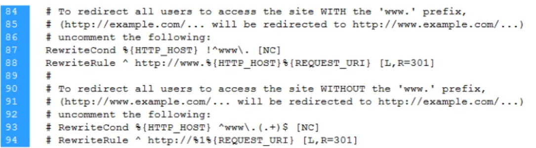 Figure A-1. Uncomment lines 87–88 to direct all site traffic to http://www.example.com