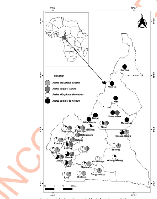 Fig 1. Geographic distribution of Ae. aegypti and Ae. albopictus in Cameroon, March-August 2017.
