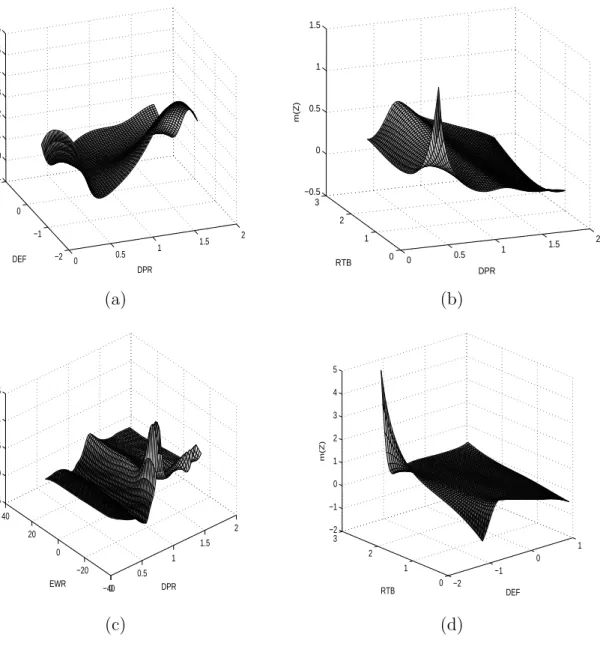 Figure 2.5: The two dimensional nonparametric estimate of m(·). (a) Z t =(DPR, DEF); (b) Z t =(DPR, RTB); (c) Z t =(DPR, EWR); (d) Z t =(DEF, RTB).