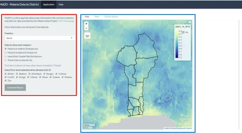 Figure 2. Screenshot of the Malaria Data by District application interactive table. Upon generation of the output file, an interactive table is populated (red box), which allows users to rank order data by column and search for variable names and statistics.