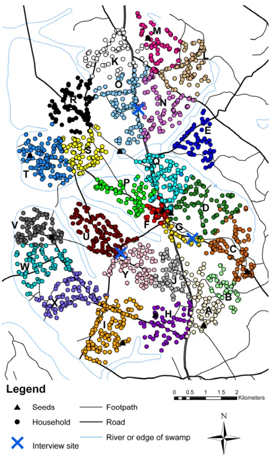 Figure 1 Map of study area showing location of target population and seed  households and respondent-driven sampling interview sites