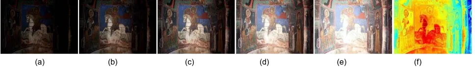 Figure 1: Example of extreme lighting conditions: a, b, c) 3 different exposures of the inside of Asinou church; and d) HDR tone mapped version
