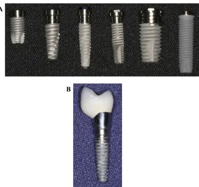 Figure 1.2 Photographs of examples of distinct titanium dental implants. A) Six examples of titanium dental implants which are used to replace teeth lost through trauma or oral disease