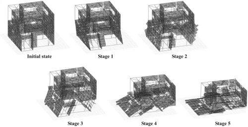 Fig. 15. Change of stress distribution of the mortar wall model during calculating process under the JR Takatori excitation