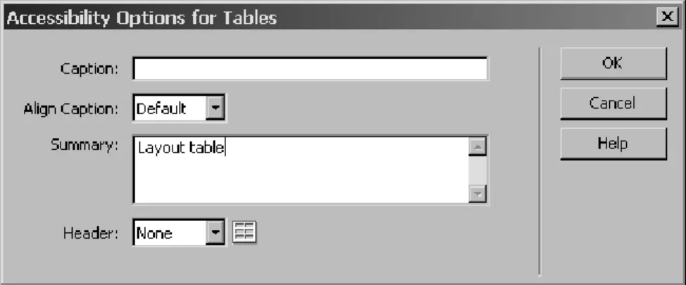 Figure 17 - accessibility options for tables dialogue box 