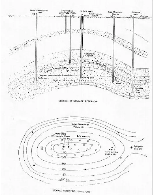 Figure 9.2 Schematic section and plan of a gas storage field.