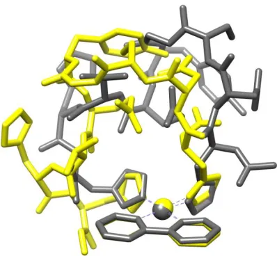 Figure 4. DFT optimised structure (grey) overlaid with PM7-DFT optimised structure (yellow)