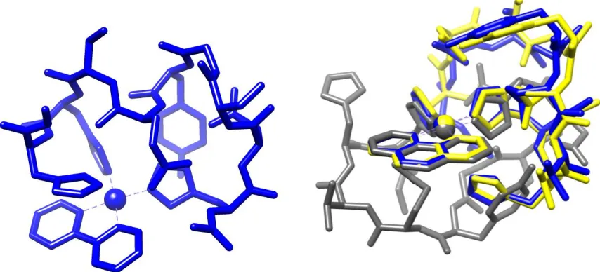 Figure 5. Left: Low energy bipy conformation. Right: Lowest (grey), second- and third-lowest 