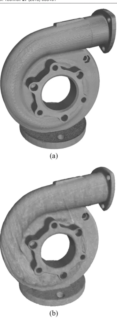 Figure 6. 3D visualisation of CT scans from (a) Nikon acquired in 1570 s (b) Rapiscan acquired in 1 s.