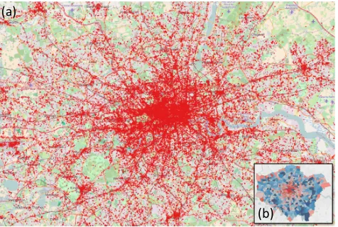 Fig. 1: Twitter data in 5000km2 area centred on London: (a)0.4 million geo-tagged data, (b) 0.6 million at ward level.