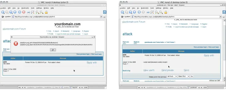 Figure 9: (a) A sample web forum application running on a vulnerable version of phpBB 2.0.18, victimized by stored XSS attack as it shows with vanilla Konqueror browser (b) Attack neutralized by our proof-of-concept prototype client-server DSI enforcement.