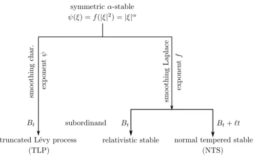 Figure 5.2: We derive the characteristic exponents of relativistic stable Le ´vy processes, truncated Le ´vy processes (TLP) and normal tempered stable (NTS) Le ´vy processes by smoothing the continuous negative definite function ⋃︀