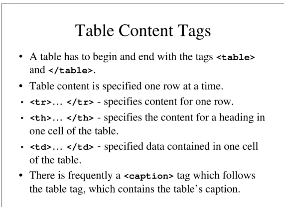 Table Content Tags