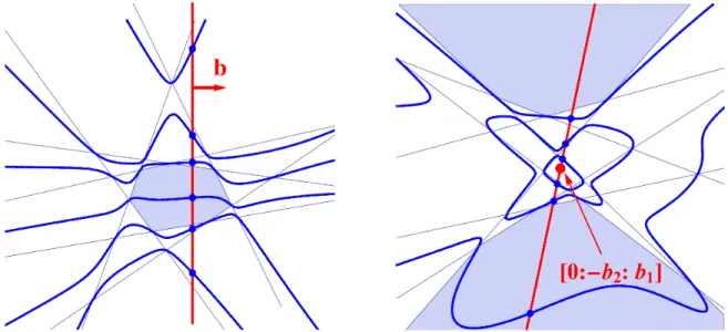 Figure 3. The degree-6 central path of a planar 7-gon in the affine charts {y 0 = 1} and {y 2 = 1}