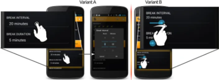 Figure 1: Example of an A/B test in a simple alarm application. Variant A on the left lets the user choose the interval of the alarm by using a  num-ber picker, while variant B on the right uses sliders for the selection
