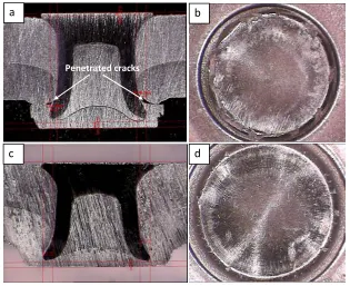 FIGURE 15. ―The cross-sections and button images of the SPR joints (3.0AA5754+2.5AA6008 T61 215 MPa)