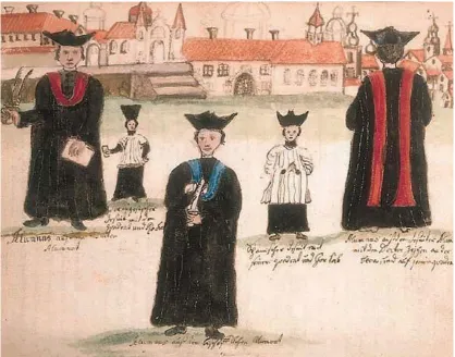 Figure 3 - Different kinds of dress of Jesuit priests and students. From left to right: Student from a Jesuit college, Portuguese Jesuit priest with hat and rochet, student of the diocese seminary, 