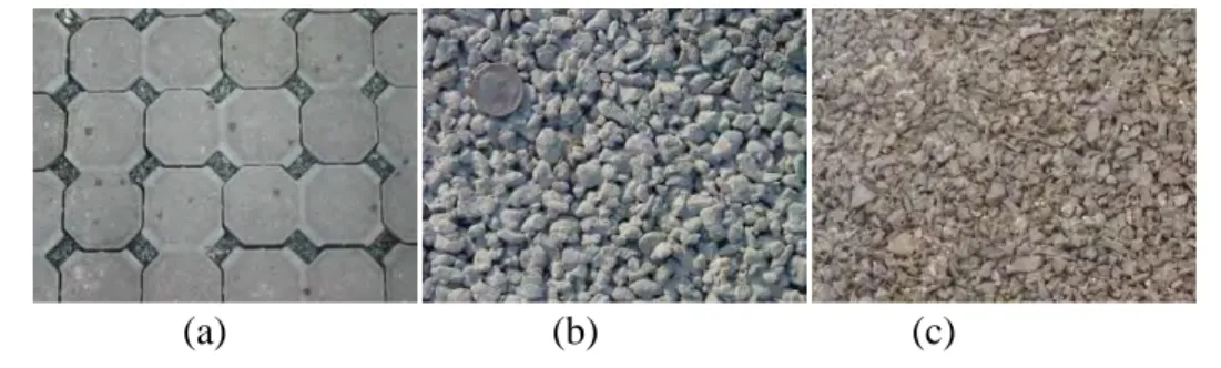 Figure 3.2-1  Common Pervious Pavement Materials: a) Permeable Interlocking Concrete  Pavers, (b) Porous Concrete, (c) Flexi-pave TM 
