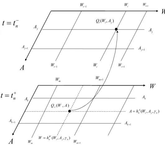 Figure 1: Illustration of the application of jump condition. The value Q t (W i , A j ) at t = t − n and at node point (W i , A j ) equals to Q t (W, A) at t = t + n with W = W i − γ n and A = A j − C(γ n )