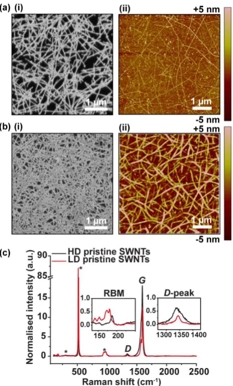 Figure 3.2 Typical (i) FE-SEM and (ii) AFM images of (a) LD and (b) HD SWNT networks. 