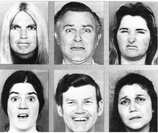 Figure 1.1: Example of expression for the six basic emotions (Left-to-right from toprow: anger, fear, disgust, surprise, happiness, and sadness).