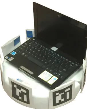 Figure 5.1: iRobot Create with mounted Eee PC netbook for webcam use. Markers placed around the robot are used by neighboring robots to determine relative position and orientation.