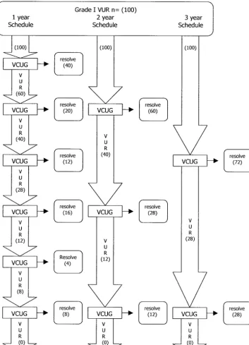 Fig 2. Example of a decision-tree analysis of 100 hypothetical patients with grade I VUR evaluated by follow-up VCUG under 3 differenttiming regimens