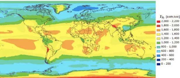 Figure 1: Global PV potential, with temperature and irradiance as the variables (Dubey et al.,  2012)