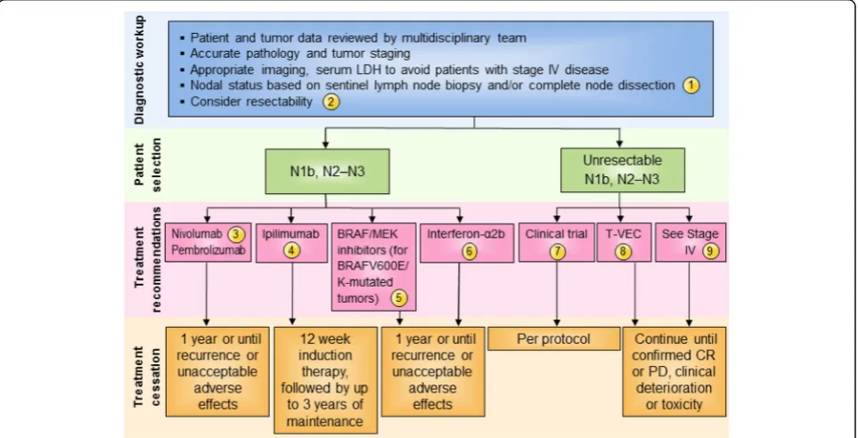 Fig. 3 Stage III N1b-3 (AJCC 7th)/Stage IIIB-D (AJCC 8th) melanoma immunotherapy treatment algorithm