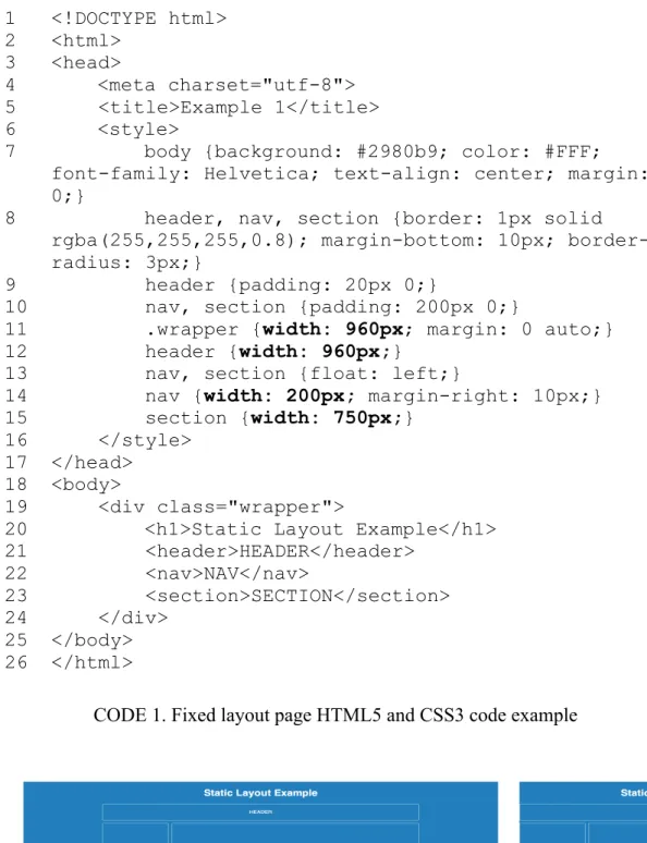 FIGURE 2. Fixed layout web page example in two browser window sizes 1 2 3 4 5 6 7 8 9 10 11 12 13 14 15 16 17 18 19 20 21 22 23 24 25 26 <!DOCTYPE html> <html> <head> <meta charset="utf-8">     <title>Example 1</tit