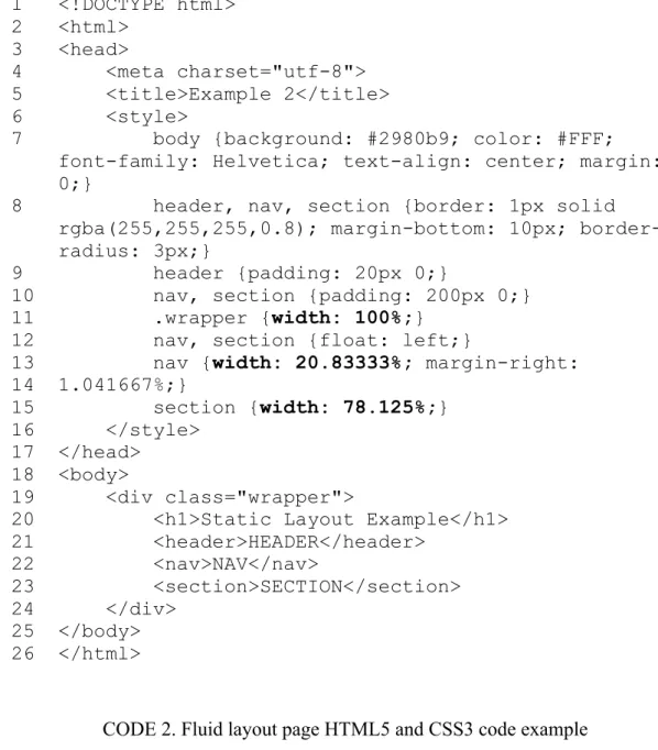 FIGURE 4. Fluid layout web page example in two browser window sizes 1 2 3 4 5 6 7 8 9 10 11 12 13 14 15 16 17 18 19 20 21 22 23 24 25 26 <!DOCTYPE html> <html> <head>     <meta charset="utf-8">     <title>Example 2<
