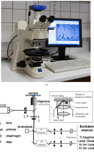 Figure 2.2: (a) A Zeiss Axioskop 40 Microscope; (b) Imaging process of Myosin VIproteins using two-channel TIRFM.