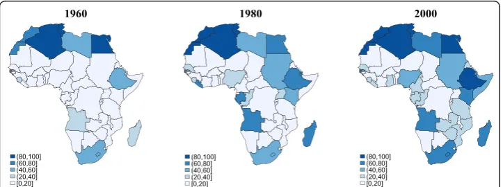 Fig. 4 Extra-continental emigration intensity as a proportion of total emigration intensity (percentage).Source: Global Bilateral Migration Database