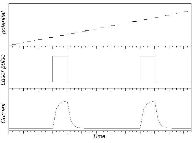 Figure 2.3: Schematic graphs showing the time dependence of (a) voltage steps taken by the 
