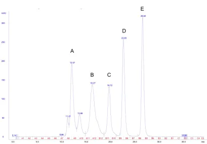 Figure 2.2: BioRad gel ﬁltration standards. Peaks correspond to the molecular markers A)Tryroglobulin (bovine) - 670,000 Da, B)(chicken) - 44,000 Da, D) Myoglobin (horse) - 17,000 Da and E) Vitamin B γ-globulin (bovine) - 158,000 Da, C) Ovalbumin12 - 1,350 Da.