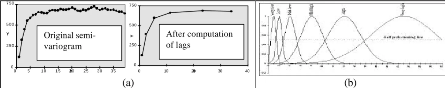 Figure 1. The construction of texture features for the two main approaches to texture classification: a) the lag intervals of the semi-variogram, b) the Gaussian filters applied to the one-dimensional Fourier transform.