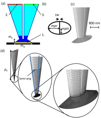 Figure 21 the pipette geometry used. (a) 2D representation of the 3D simulations. (b) 2D representation of the end of the pipette