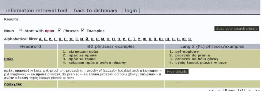 Figure 6 Bulgarian nouns starting with “прах%”, appearing in phrases and examples of dictionary entries