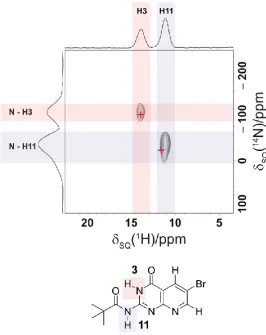 Figure 4.6 A 14N – 1H (850 MHz) HMQC spectrum of 4-3, including GIPAW calculated NMR shift parameters in both 