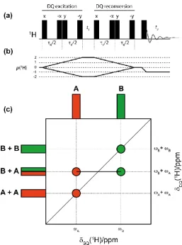Figure 3.5 Schematic representation of (a) the DQ/SQ pulse sequence, (b) the corresponding coherence transfer pathway 