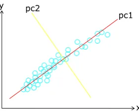 Figure 2.15: Principal Component Analysis on 2D. pc1 and pc2 are the axes in principalcomponent space.