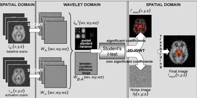 Fig. 2. Overview of the wavelet-based statistical analysis: a wavelet transform is applied to the simulated [ 15 O]-H 2 O PET scans normalized in intensity, then a Student’s t test is applied in the wavelet domain and a final image in the spatial domain is