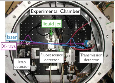 Figure 3. The experimental chamber for time-resolved X-ray absorption spectroscopy at the  Swiss Light Source (Paul-Scherer-Institut, Villigen) in an optical pump (laser beam)/X-ray probe  geometry