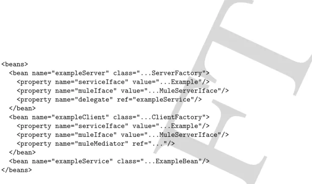 Figure 6: The Spring configuration used (within Mule) to instantiate server and client adapters for the example in figure 5˙In practice any service only has one adapter (client or server) in any one Mule instance;