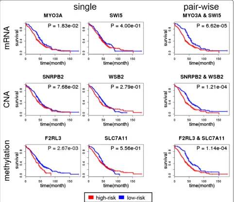 Fig. 3 Kaplan-Meier survival plots of the gene pair with the highest mutual information value for each single profile