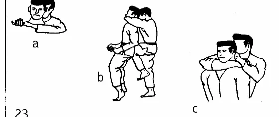 Figure 23c illustrates a stronger variation of this choke. This choke hold can be modified slightly so that it becomes a  Knee Joint Take DownStamp the edge of your foot into the back of the opponents knee joint (Fig24)